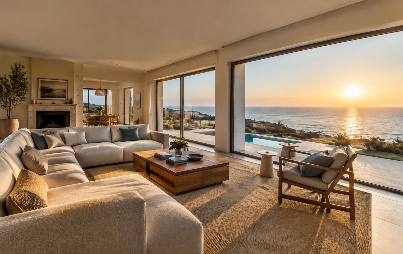 Sala de estar de moradia com vista mar